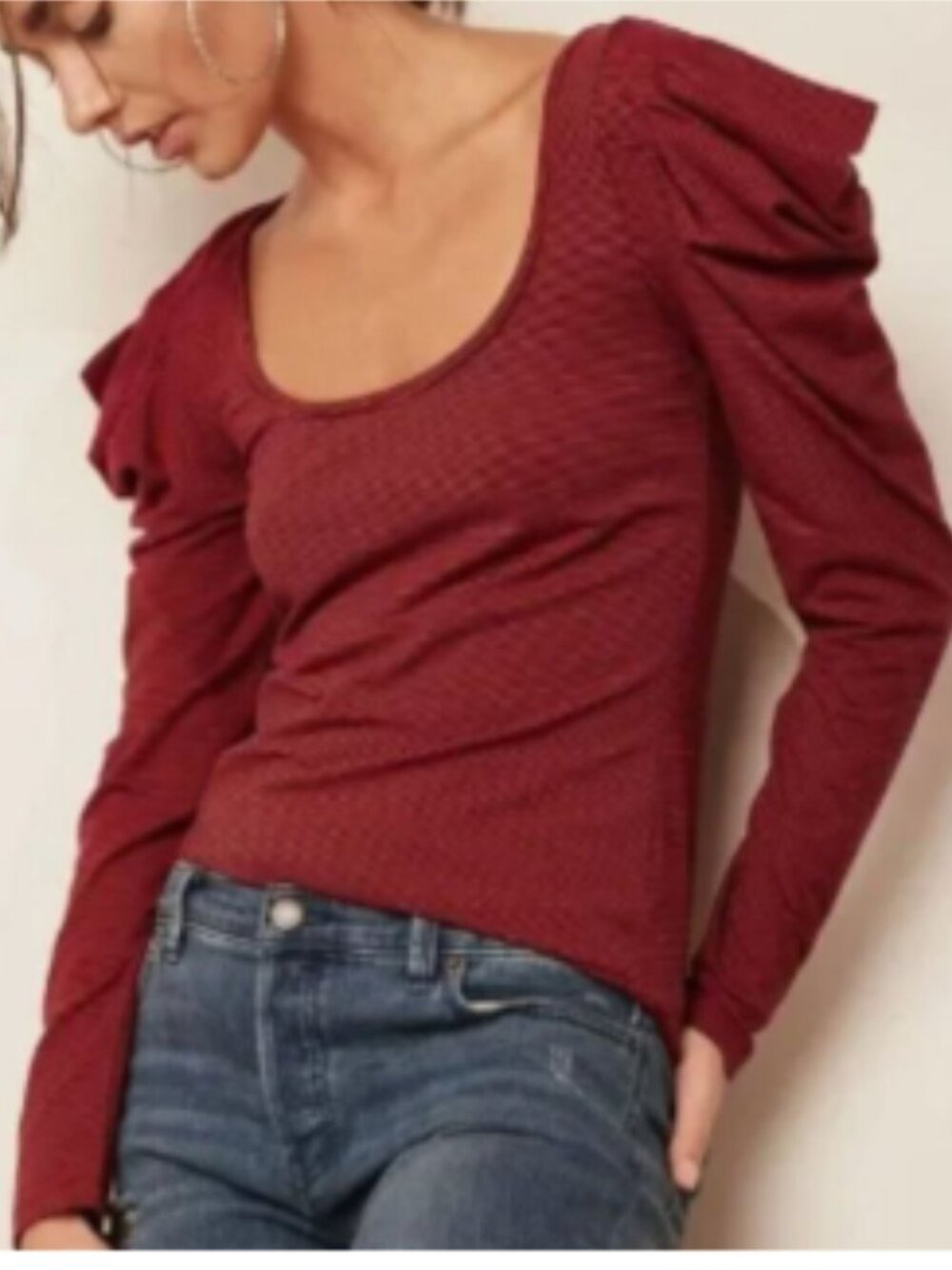 Free People Penelope Puff Sleeve Red Black Stripe Long Sleeve Top Size M Casual